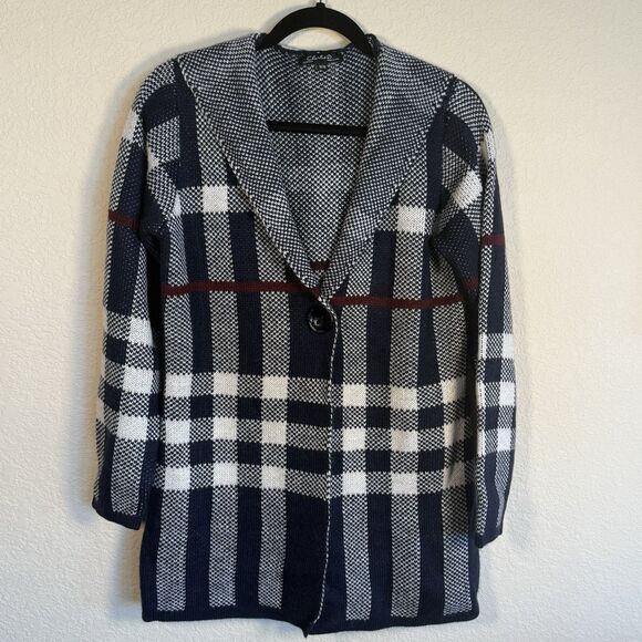 Women’s Button Cardigan Knit Sweater Jacket Hooded Blue Red Plaid Charlie B Sz M - Picture 1 of 4